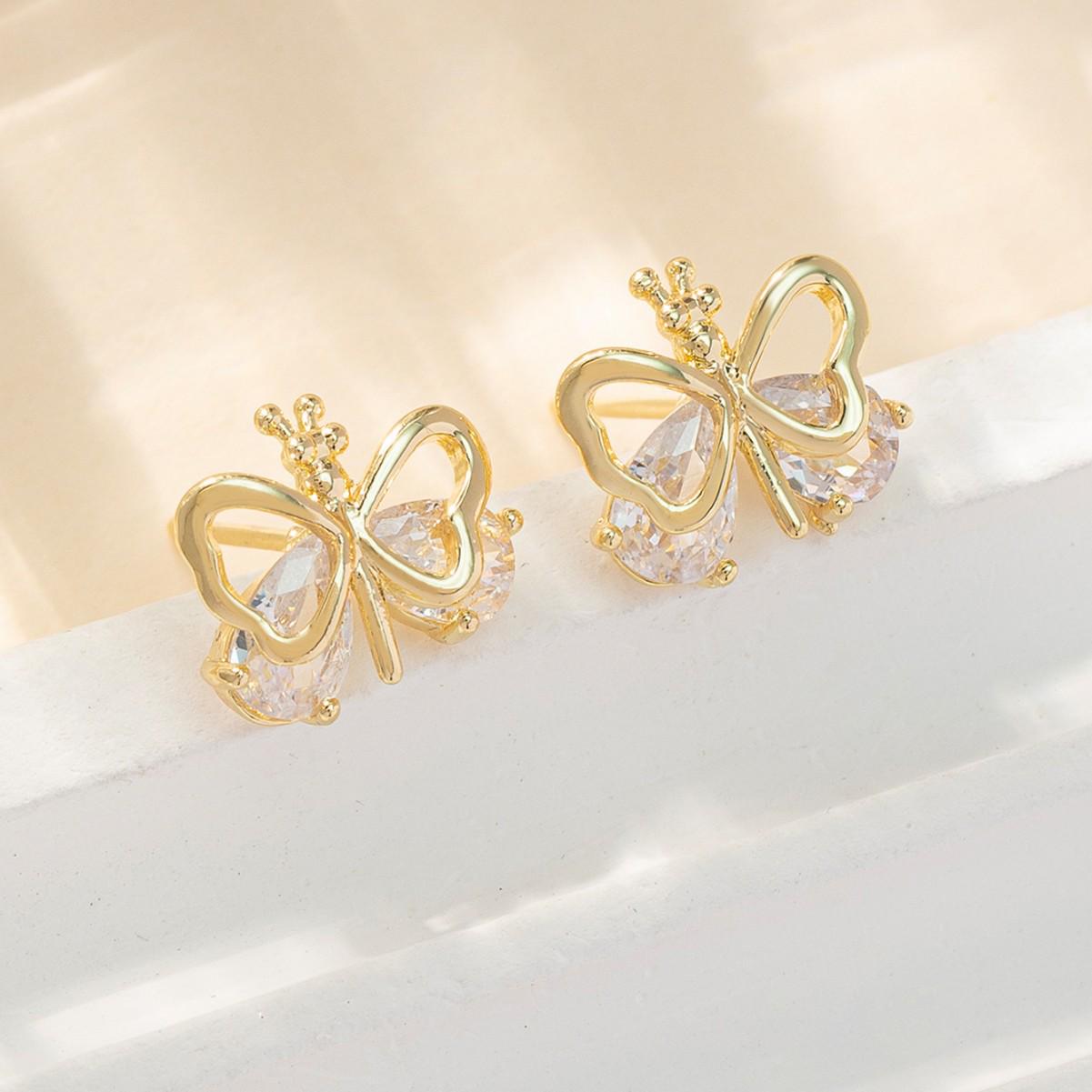 Элегантные серьги-гвоздики «Бабочка» с цирконами - Высококлассный нишевый дизайн золотой
