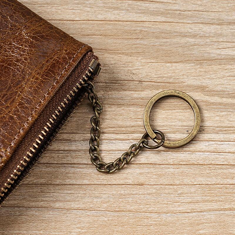 Mens and Women Retro Real Leather Zipper Wallet Card Holder Small Coins Keys Pocket Money Storage Pouch with Chain Key-ring