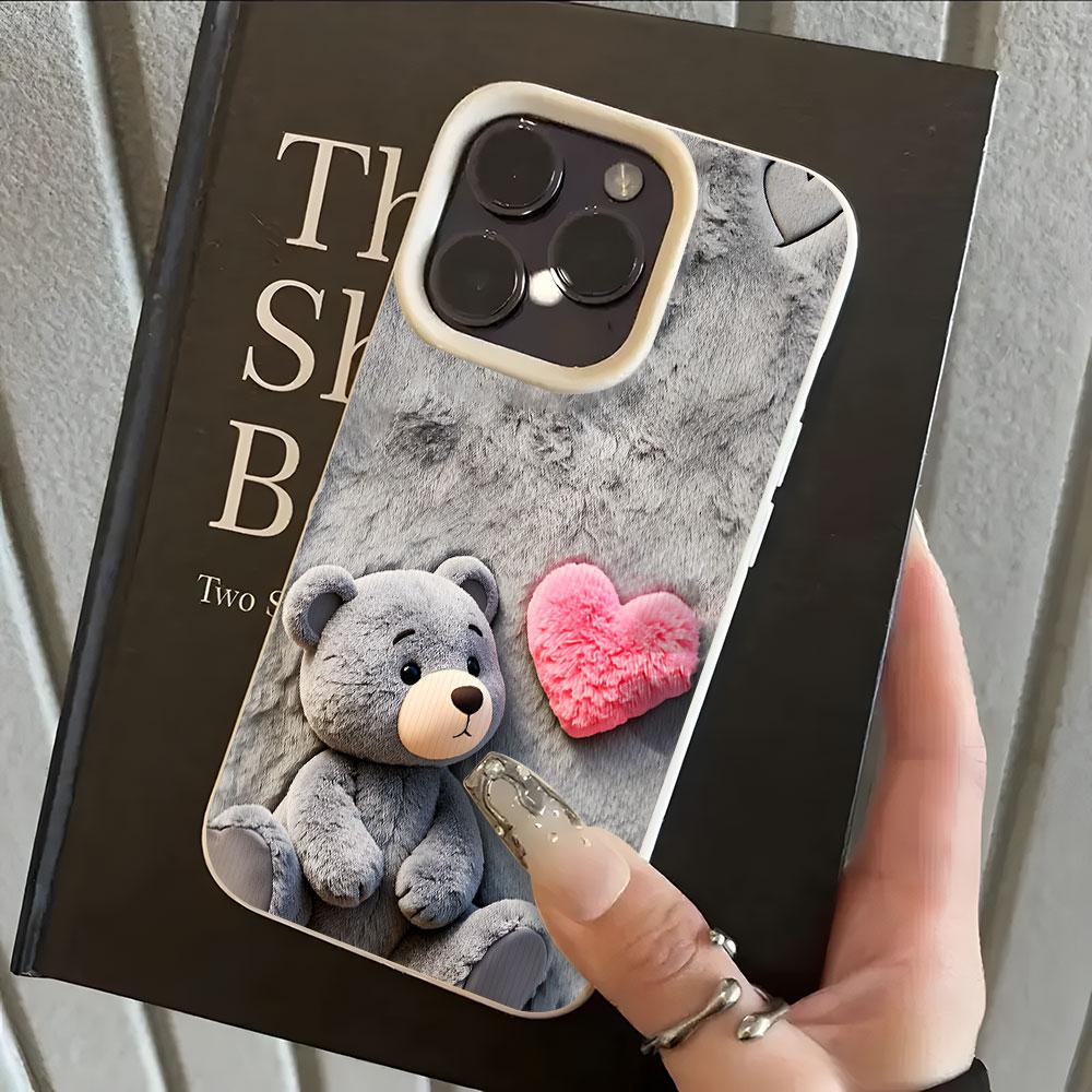 Cute Teddy Bear Heart Pattern Lychee Soft Phone Case For iPhone 17 16 15 14 13 12 11 Pro Max 15 14 Plus X Xs XR 17 Air Cover