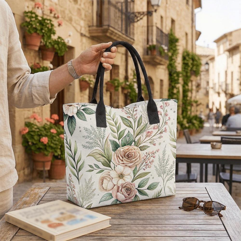 Boho Floral Tote Bag Large Capacity Shoulder Handbag for Daily Shopping