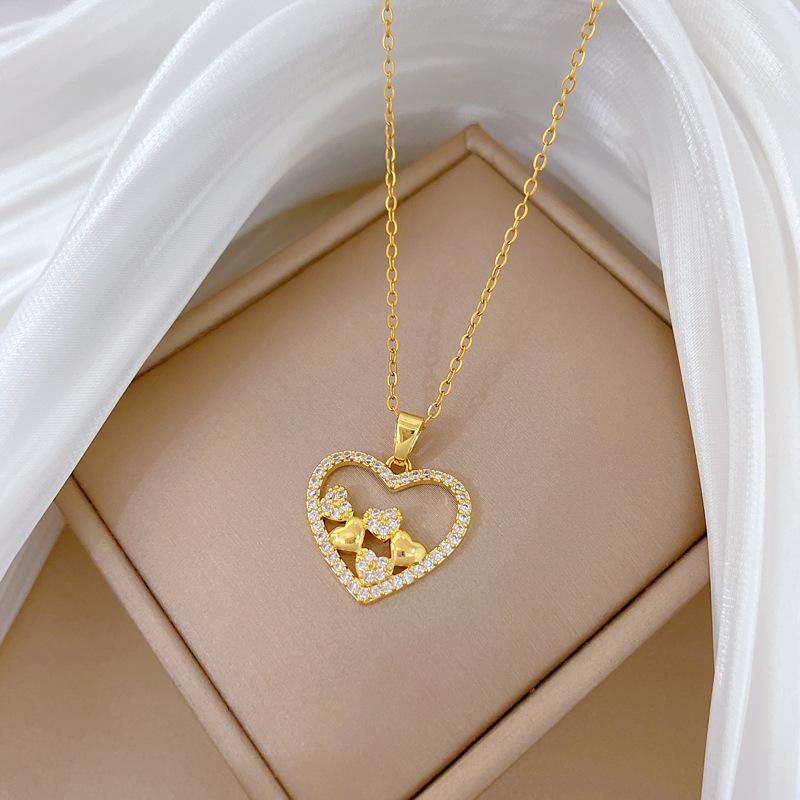 Stainless Steel Chain Necklaces for Women Simple Hollow Love Heart with Zircon Pendant Necklace Trendy Collar Accessories Gifts
