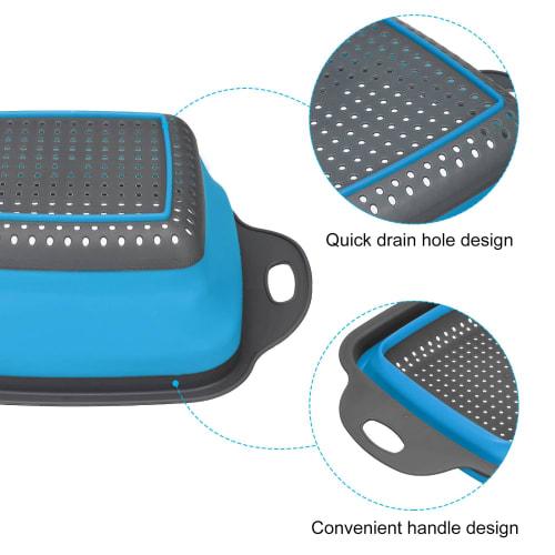 uxcell Folding Colander, Silicone Square, Foldable Strainer with Handle, Space-Saving, for Pasta, Vegetables, and Fruit, Blue, Small