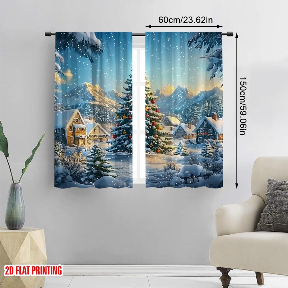 2pcs 2D Flat Printing Merry Christmas Curtain Snow Mountain_ Evergreen Tree_ Golden Star-Winter Lodge Polyester Without