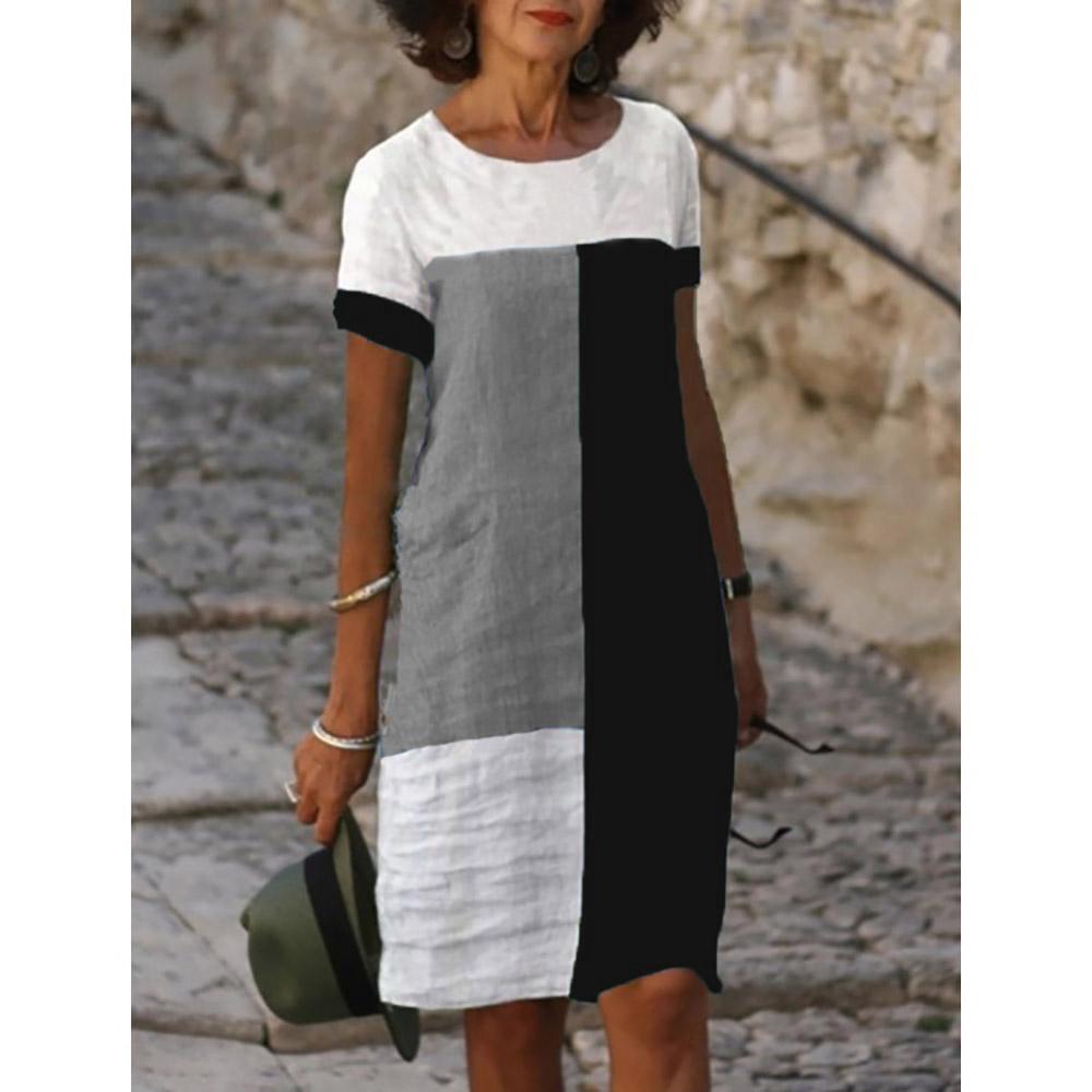Sommer Lose Patchwork Farbe Gerade Kleid frauen Plus Größe O Hals Kurzarm Midi Kleider