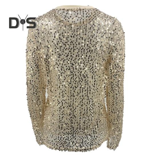 Women Tops Round Neck Long Sleeve Pullover Tops Shiny Sequins Decoration Regular Fit Blouse Daily Wear