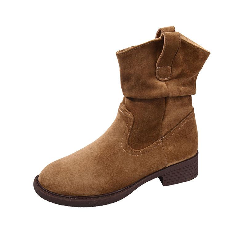 Maillard Western Folded Short Boots Women's Spring and Autumn Single Boots Pile Boots Retro British Style Small Thick Heel Martin Boots