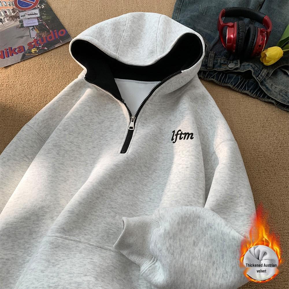 Men s Contrast Color Embroidered Heavyweight Half-Zip Hoodie - Plus Velvet Thick, Loose Fit, Autumn/Winter Style for Teens XL