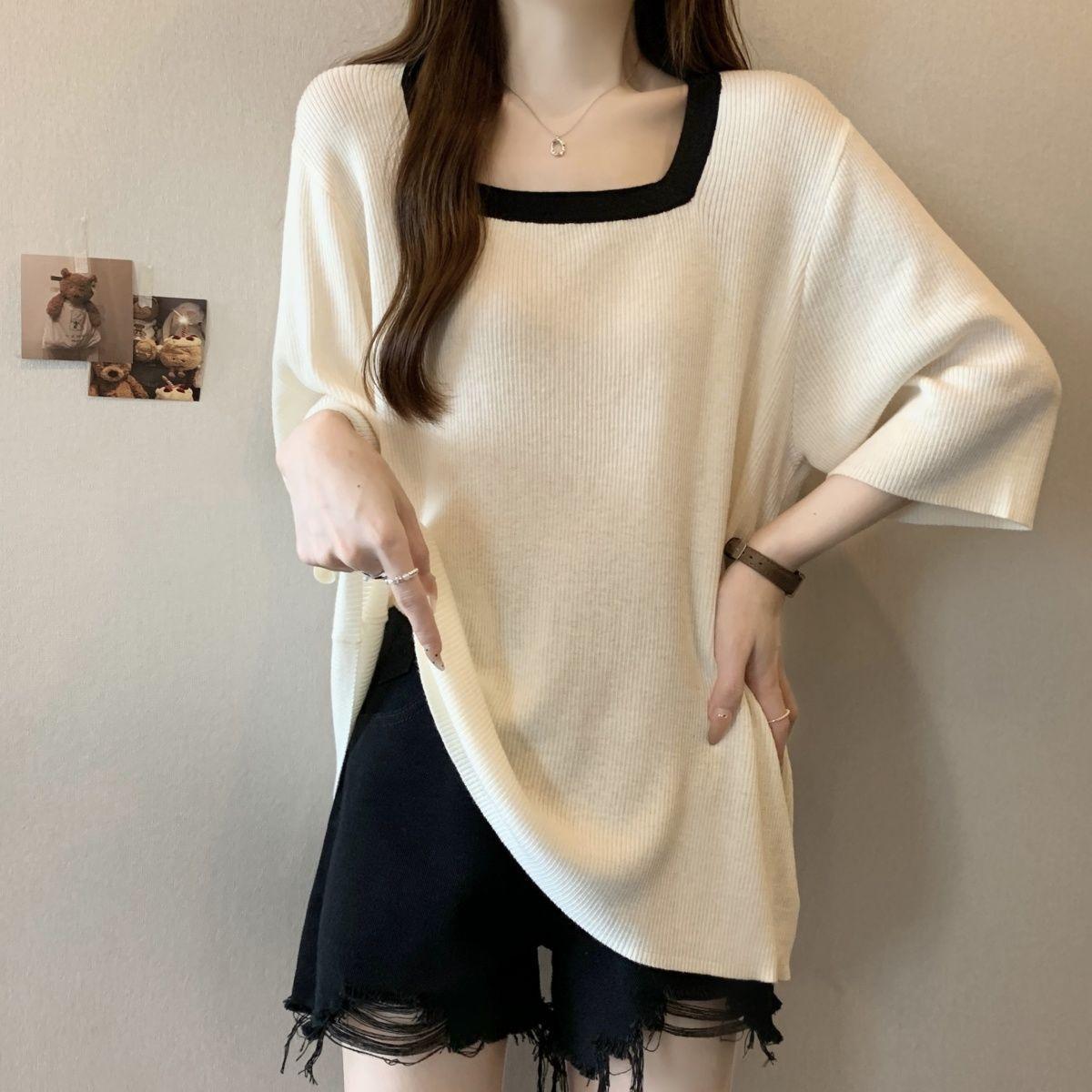 Women Contrast Trim Square Neck 3/4 Sleeve Ribbed Knit Top Side Ruched Loose Casual Blouse S