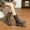2025 winter new mid-tube knight boots women's platform locomotive boots Internet celebrity belt buckle Korean version leather boots women's outer wear