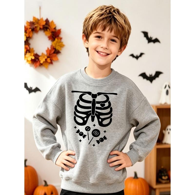 European sizes Halloween Boys Casual Skeleton Ribcage Candy Print Crewneck Sweatshirt Long Sleeve Pullover Graphic Top Kids Birthday Party