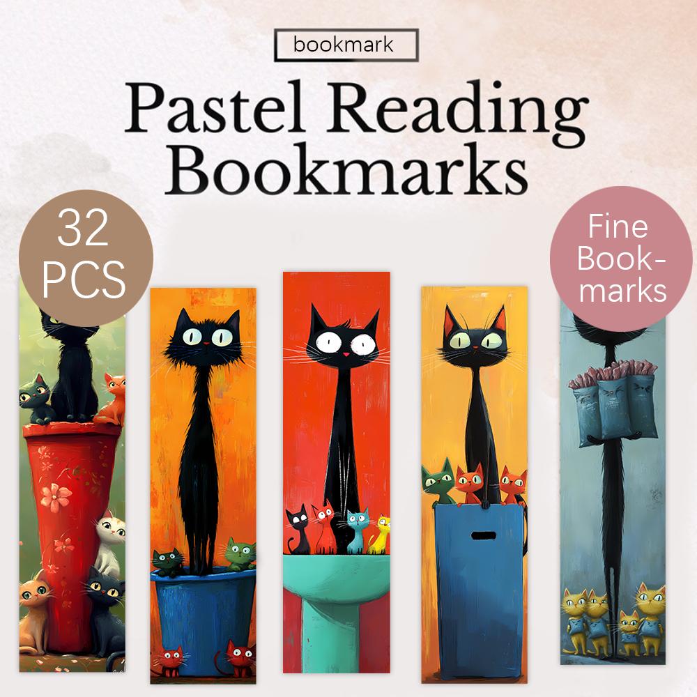 32pcs, Abstract Black Cat Bookmark, Back To School, Christmas, Halloween, Suitable for Teachers, Readers, Birthday Gifts.