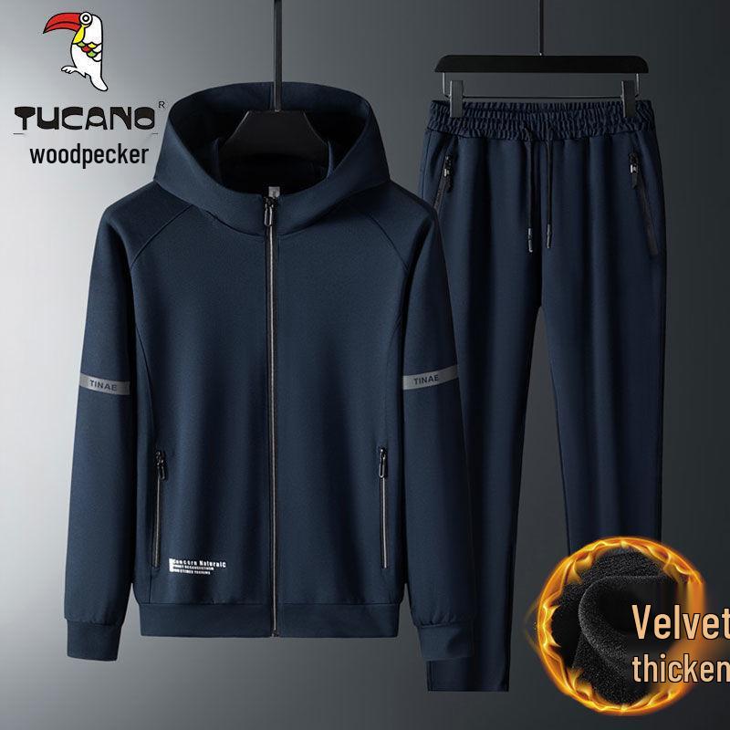 Męski zestaw bluzy z kapturem i spodni z podszewką z polaru Włoski Dzięcioł