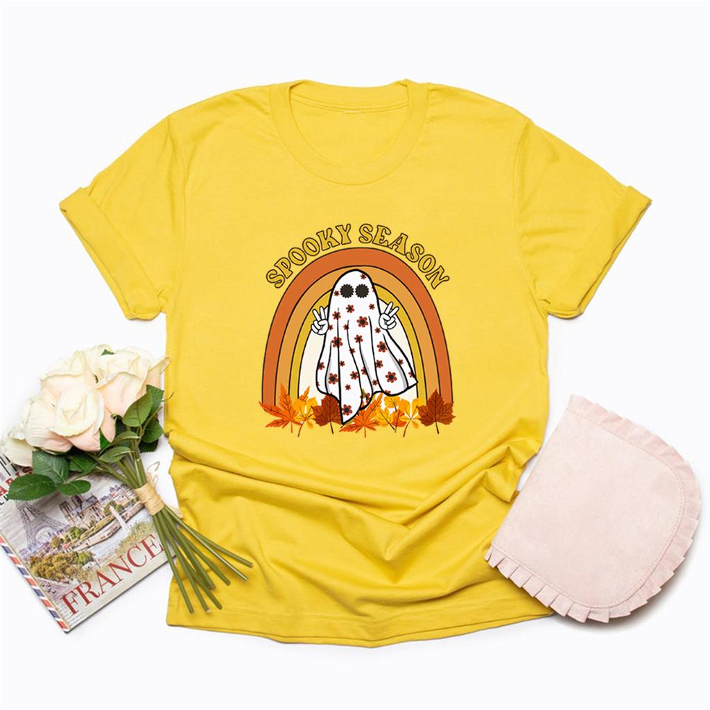 Retro Halloween Tshirt Spooky Season TShirts Cute Ghost T Shirt Fall Rainbow Tshirts Halloween Womens T Shirt Graphic Tees