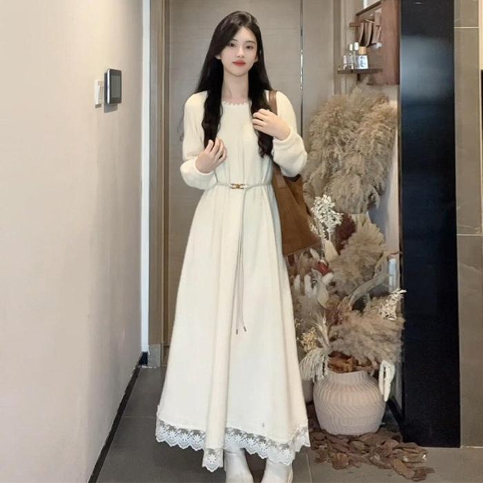 

French pure blue lace dress, early autumn small man special edition U-neck high waist A-word long dress S