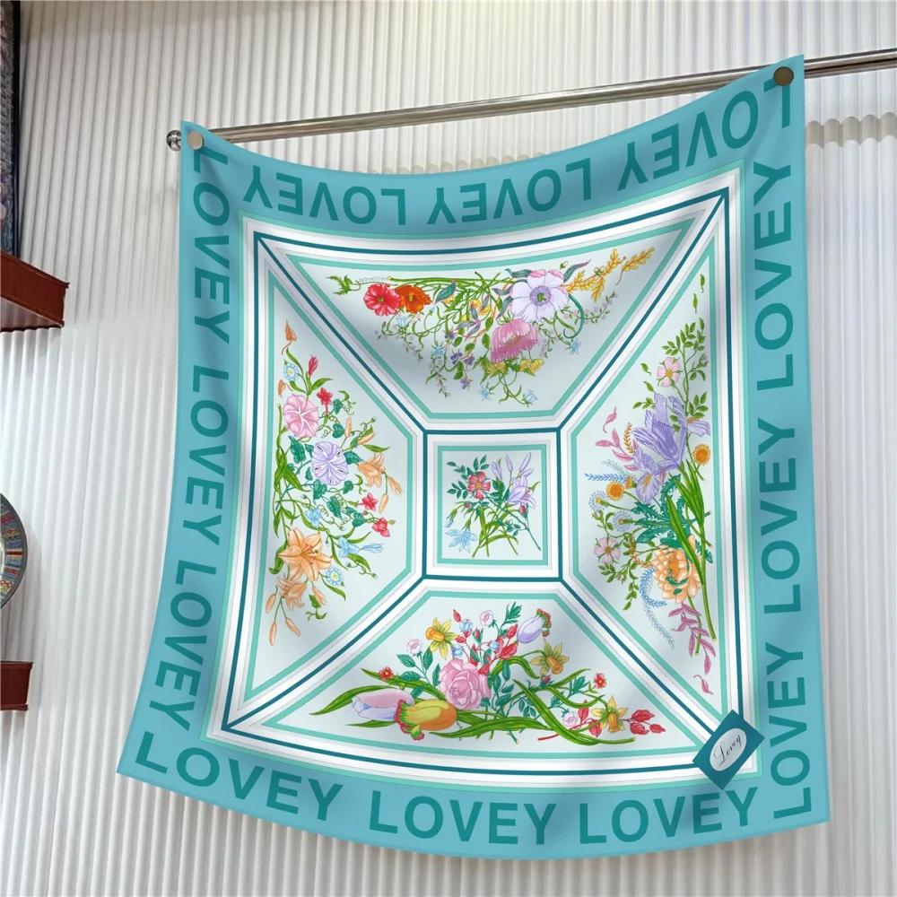 Silk Scarf Women Floral Printed Square Scarves Head Echarpes Silk Foulards Femme Wraps Beach Shawls Bandana Lady Hijabs 90CM