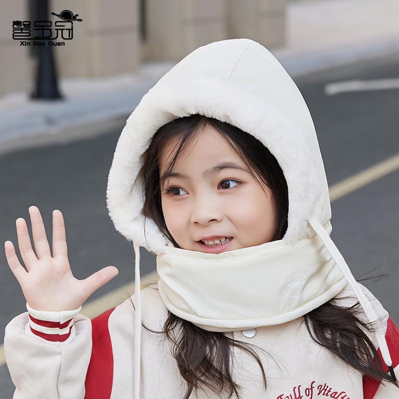 Children's hats, winter boys and girls outdoor warmth, fleece neck protection, scarf, mask, integrated pullover hat