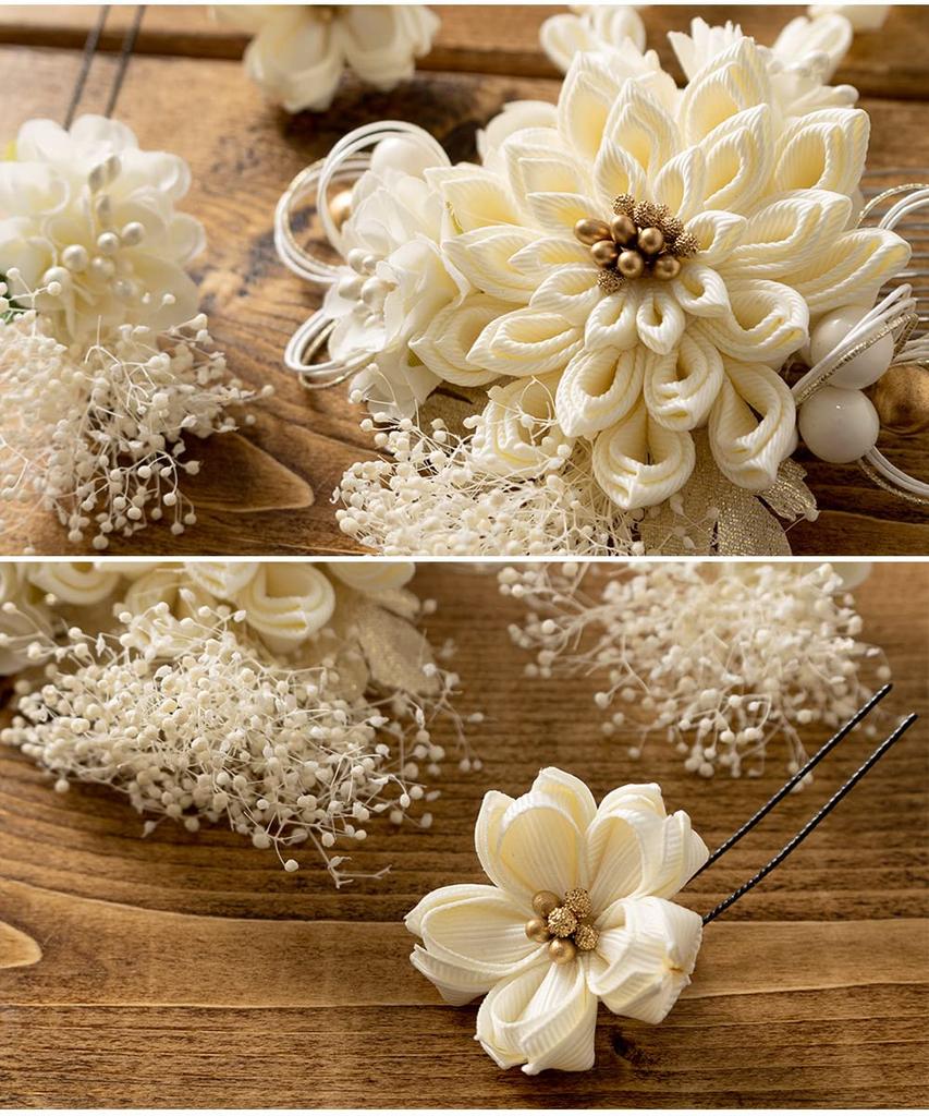 SOUBIEN Hair Dried Perfect for Furisode and and Small Blue Ornament, Coming-of-Age Ceremony, Flowers, Tsumami-Zaiku, Mizuhiki, 3-Piece Set,