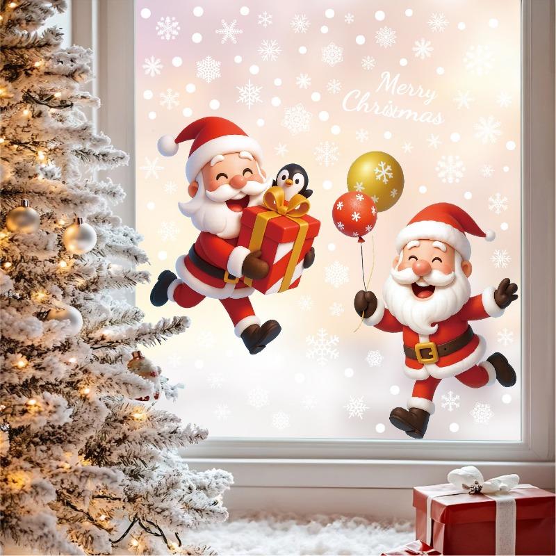 Christmas Static Window Stickers Featuring Santa Claus, Snowmen and Snowflakes for Window Decoration.