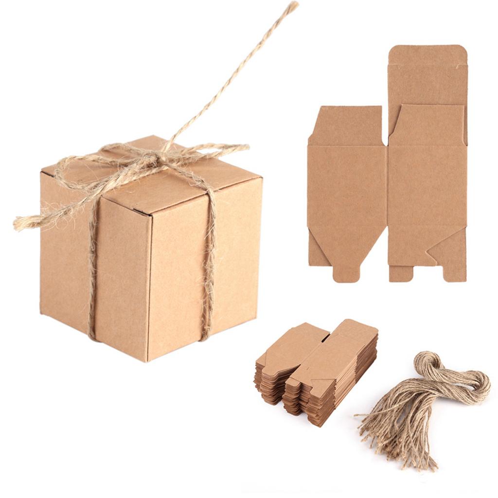 50pcs Brown Kraft Paper Boxes with Hemp Rope for Wedding, Party or Special Events Retro Kraft Paper Box