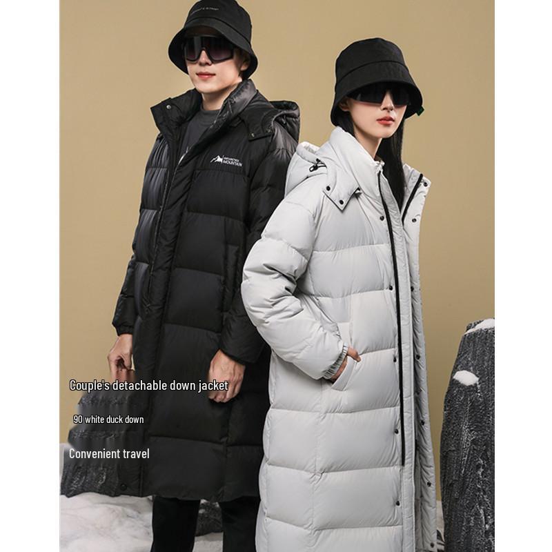 Men's Trendy Hooded Mid-Length White Duck Down Jacket - Warm Winter Outerwear for Couples.
