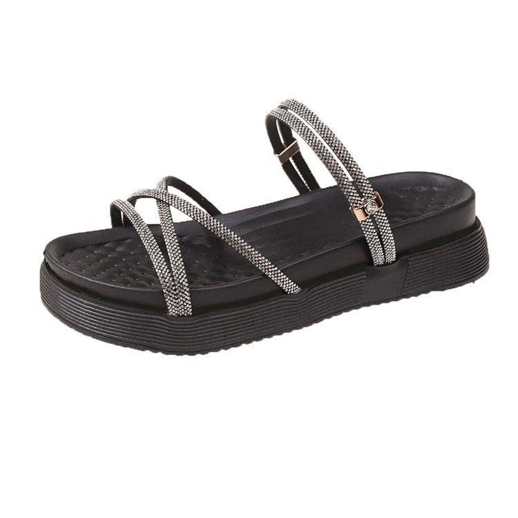 

2025 new two wear cross with cool slippers fairy style versatile sandals female Internet celebrity soft bottom rhinestone one 35 чёрный