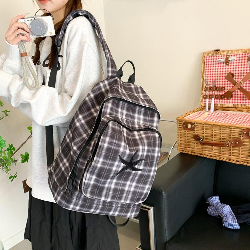 School bag female college student retro versatile black and white plaid backpack college style high school student large capacity backpack tide