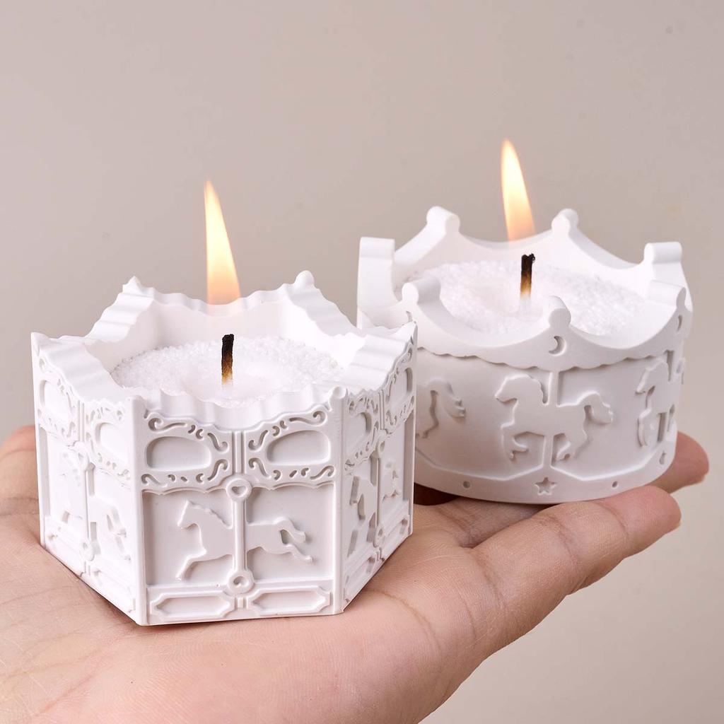 3D Carousel Pattern Candle Jar Silicone Mold DIY Octagon Round Vase Casting Molds Plaster Resin Storage Box Craft Making Home De