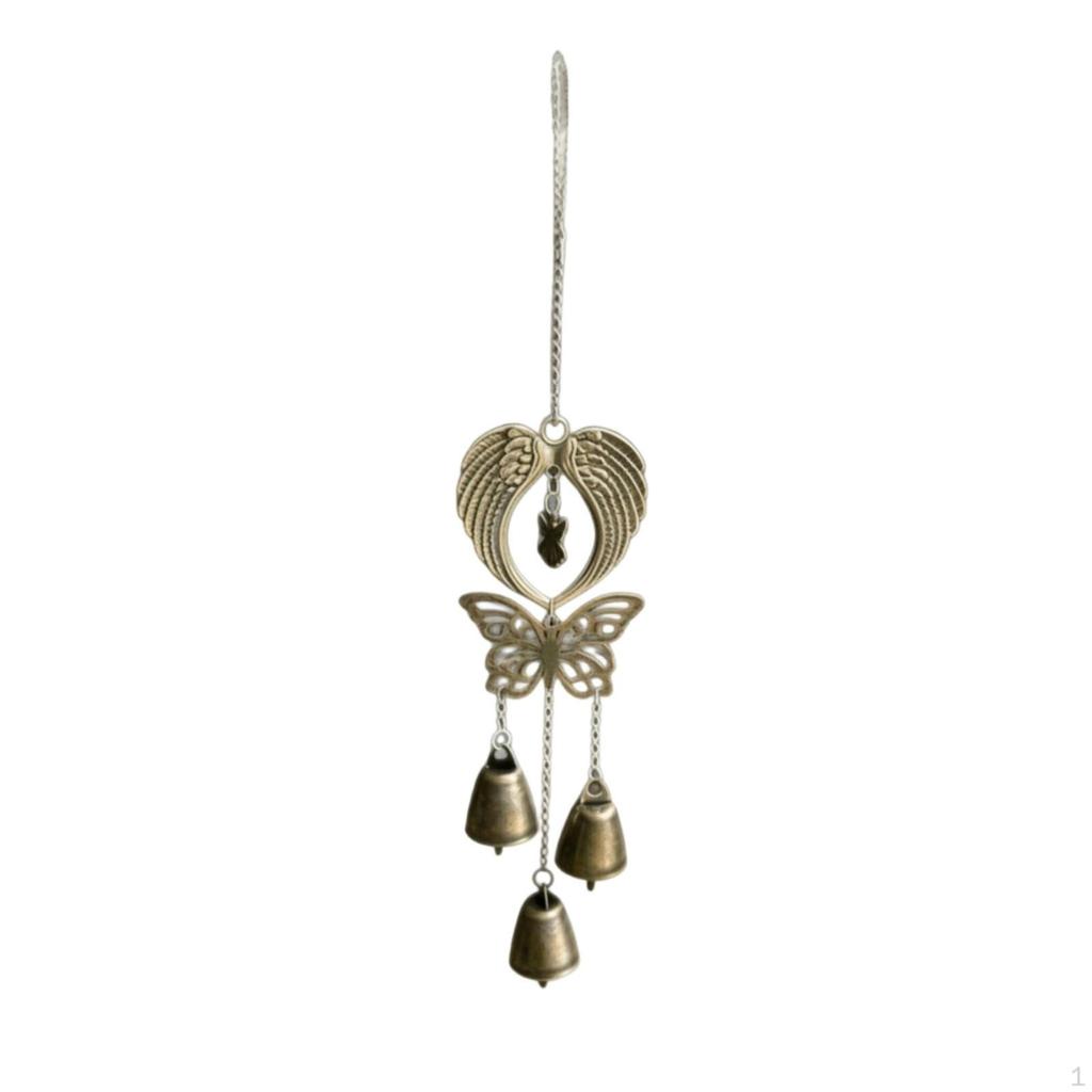 Butterfly Bell Ornament Antique Bronze Angel Feathers Chain Hanger Celestial Chime