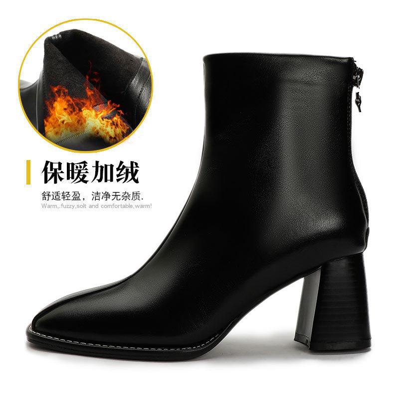 Fyrkantig tå högklackade stövlar 2024 nya korta stövlar dam vår och höst enkelstövlar dragkedja bak vinter tjock klack tunna mellanhöga stövlar