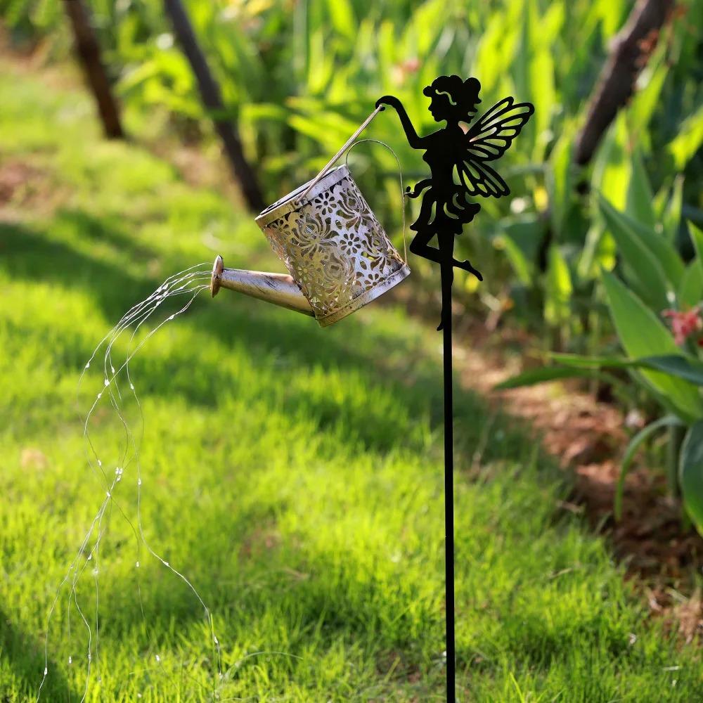 Solar-Powered Iron Art Flower Fairy Lawn Lamp Outdoor Waterproof Garden Kettle Hollow Rojection Light for Decorative Outdoor Use