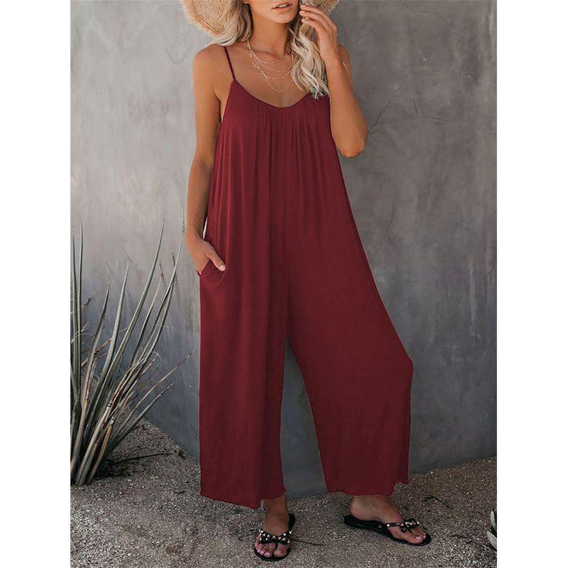

Amazon Europe and America 2025 Summer New Women s Long Pants Cross-Border Solid Color Pocket Loose Casual Strap Jumpsuit Burgundy M