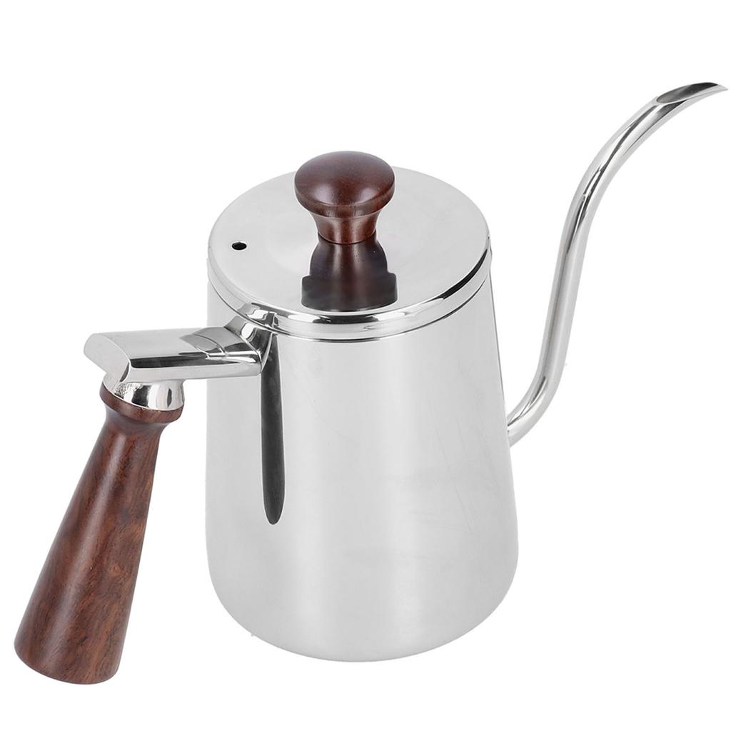 Tragbare Edelstahl-Kaffeekanne mit Holzgriff Langem Schwanenhalsausguss Café-Kessel Silber 700ml