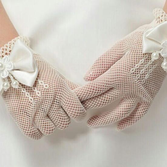 Lace Short Gloves for Little Girls 4-8 Years Tea Party Wedding Flower Gloves with Bow Kids Princess Dressing Gloves for First Communion Wedding Prom