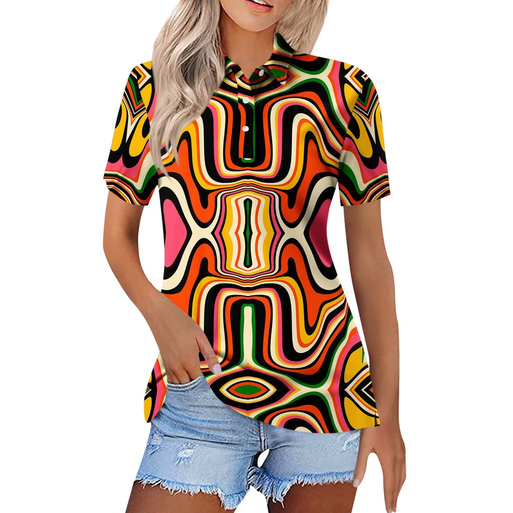 Women's Fashion Casual Button Short Sleeve Printed Lapel Top