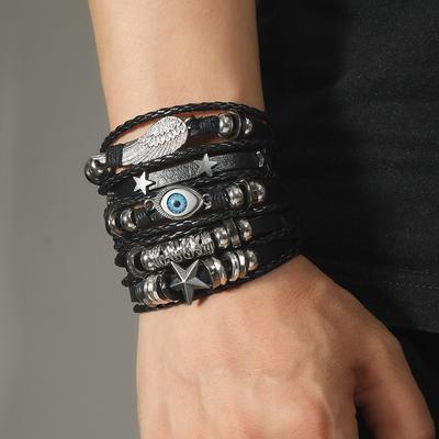 Ethnisch Retro Mehrschichtig Teufelsauge Engelsflügel Stern Schwarzes Wachsschnur Lederarmbänder für Damen Herren Trendiger Punk Schmuck Geschenke