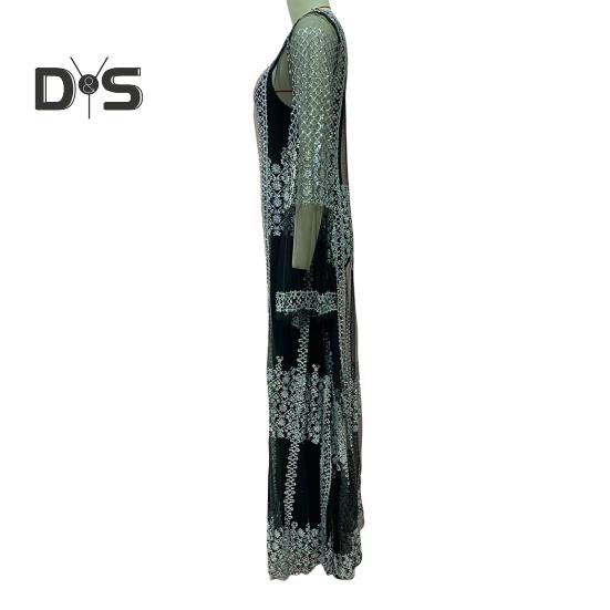 2 Pcs/Set Women Evening Dress Big Swing Shiny Bronzed Cardigan Slip Dress Set See-through Mesh Long Sleeve Coat Cocktail Events Special Occasions