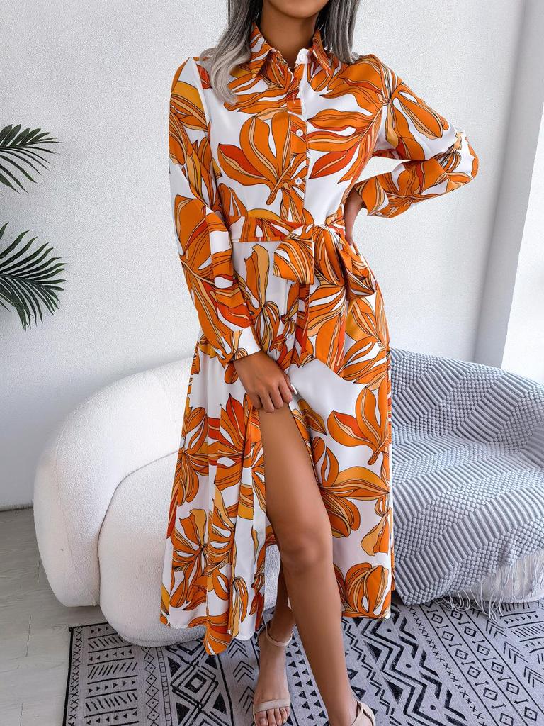 Spring/Summer Floral Lapel Tie Shirt Dress for Women - European/American Style