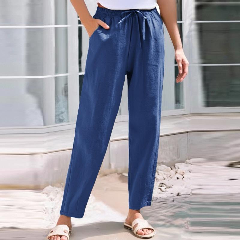 Foreign trade new women's clothing summer pants casual loose drawstring solid color elastic waist cotton and linen women's nine-point pants