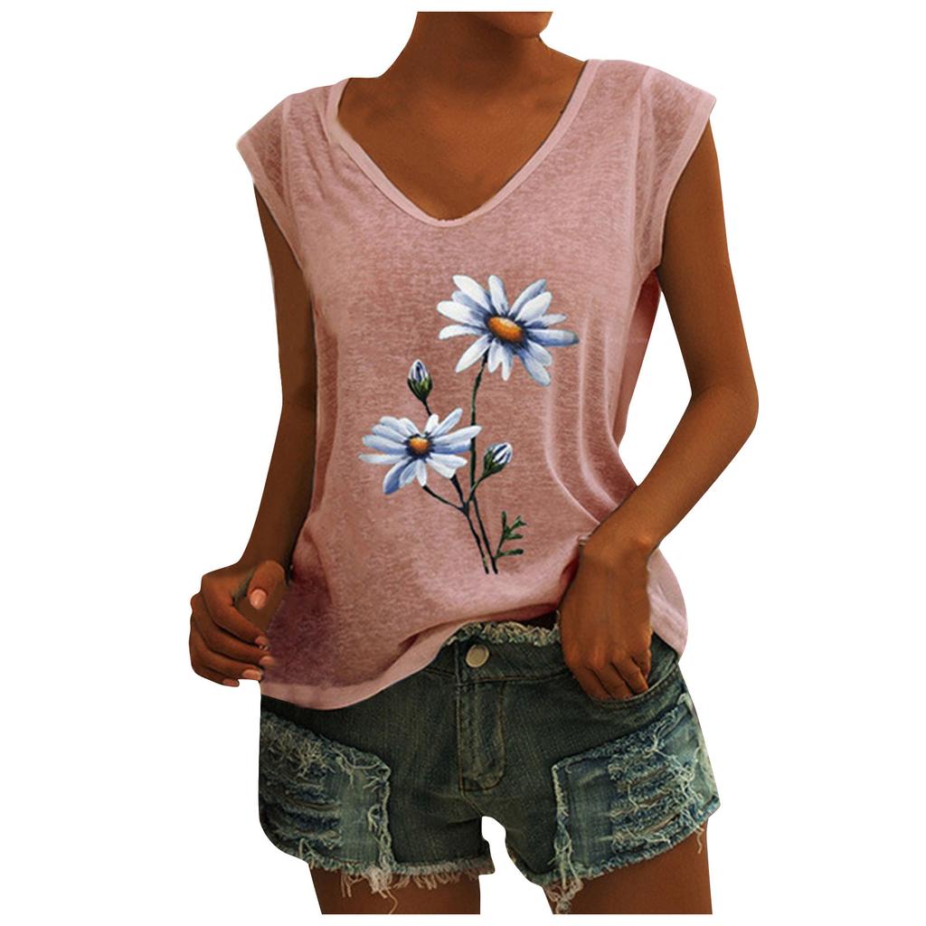 Women's V-Neck T-Shirt Casual Cap Sleeve Vest Print Loose Blouse Fit Tank Tops