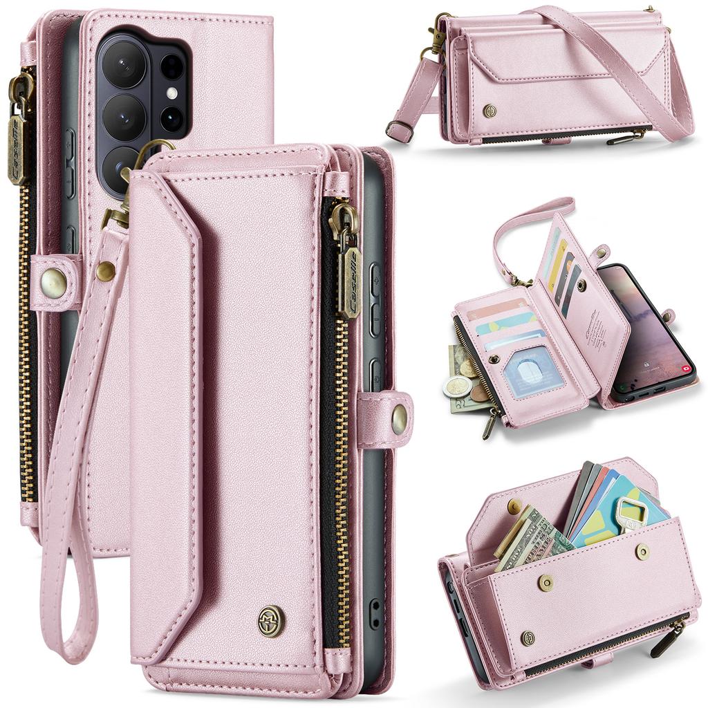 For Samsung Galaxy S26 Ultra Leather Case CASEME C36 Zipper 10 Card Slots Phone Cover with Straps