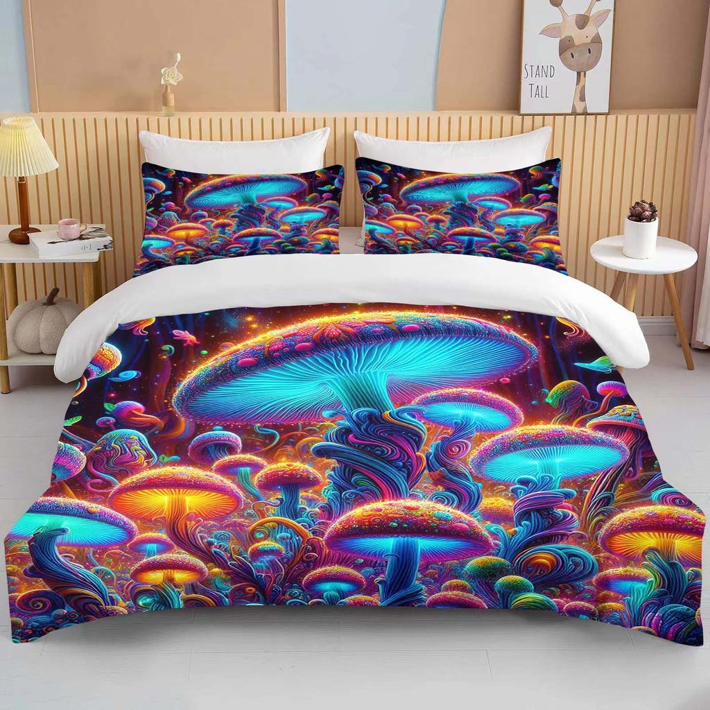 Super Vibrant Neon Psychedelic Mushrooms Print Bedding Set 3PC 1 Duvet Cover 2 Pillowcases Adult and Children Bedding Set Luxury