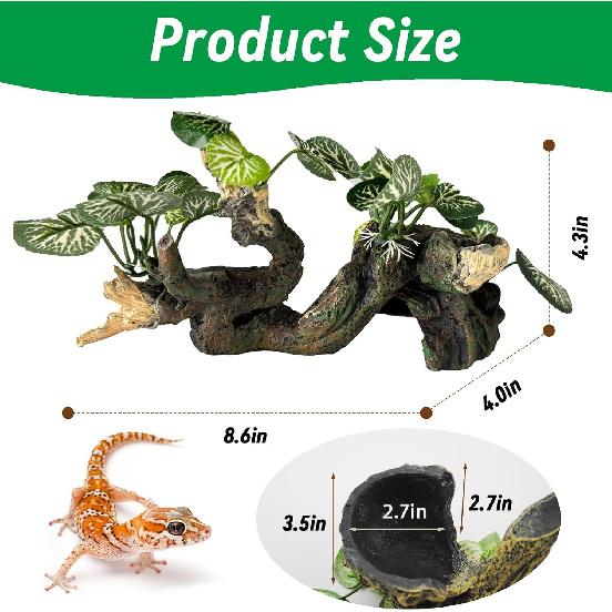 PINVNBY Branches for Reptiles,Crested Gecko Resin Climbing Tree Branch with Hideout Cave Bearded Dragon Tank Accessories Lizard Terrarium Habitat