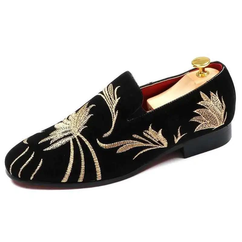 Men's Fashion Suede Leather Embroidery Loafers Mens Casual Printed Moccasins Wedding Shoes Man Party Driving Flats Sizes 38-48