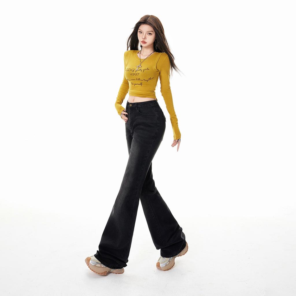 American retro slim-fitting and thin flared pants drape elastic autumn and winter versatile jeans women's new models