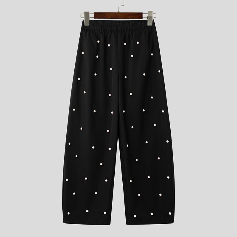 

INCERUN Мужские брюки большого размера с эластичной талией, спереди жемчужная отделка, пэчворк, повседневные длинные брюки 2XL чёрный