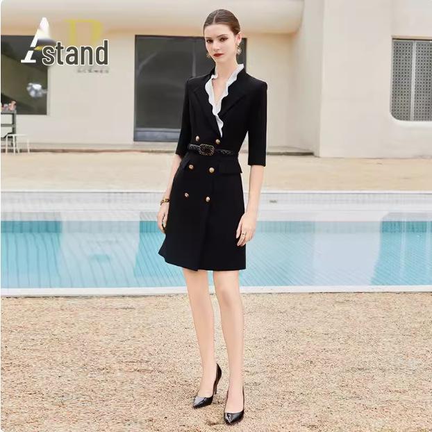 

Весенне-летнее платье с рукавами средней длины, черное, с оборками на воротнике, профессиональное, стройнящее, двубортное, высококлассное, женское M