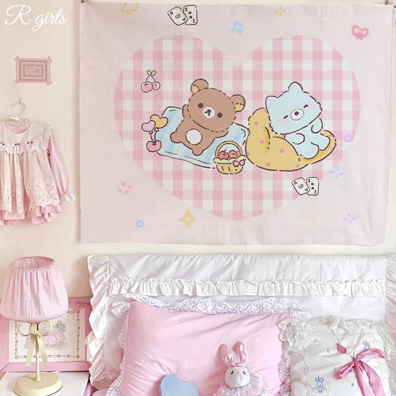 Cute Cartoon Bear Tapestry Pink Striped Wall Hanging for Kawaii Bedroom Decor Background Cloth