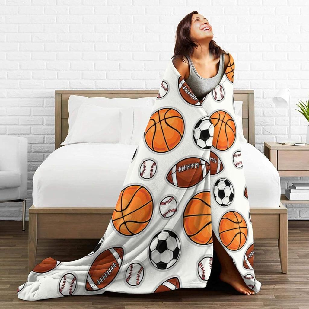 Sports Ball Pattern Throw Blanket Basketball Football Soccer Baseball Design for Kids Room Decor Gift for Him BoyGift