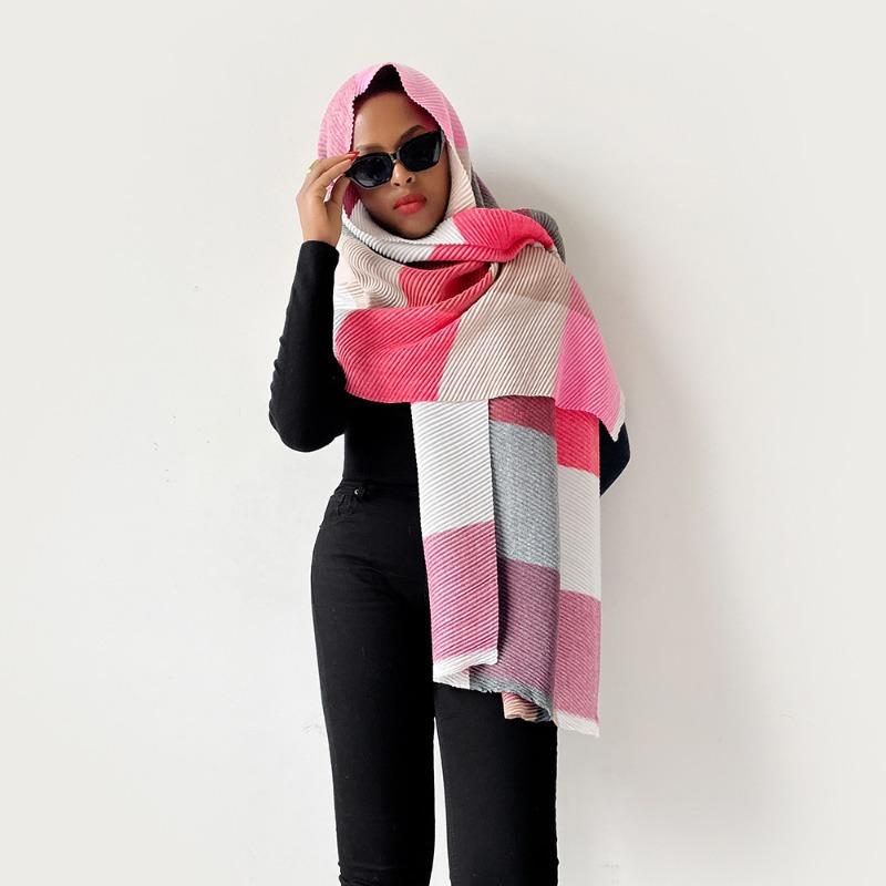 Winter new polyester-cotton multi-color line plaid scarf women's warm long thickened pleated scarf shawl