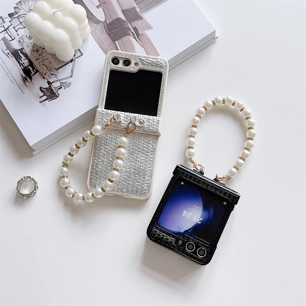 Luxury Leather Bead Wrist Strap Phone Case for Samsung Galaxy Z Flip 6 5 4 3 Flip5 Flip4 Flip3 5G Protective Shockproof 5G Cover